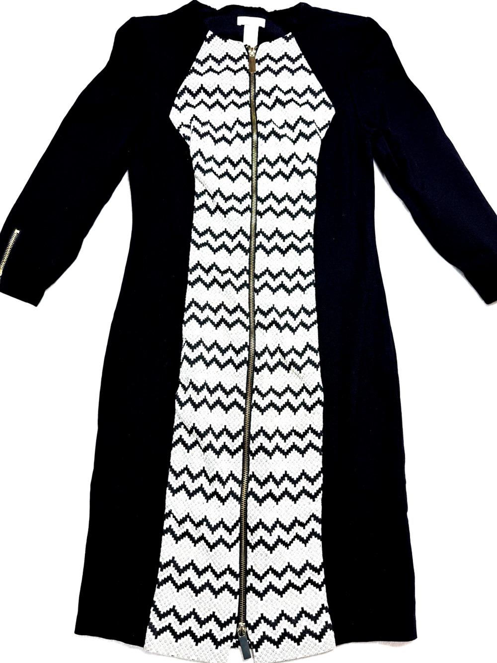Caché Chevron Colorblock Sheath Dress Full Zip Bodycon Black White Womens Sz 8